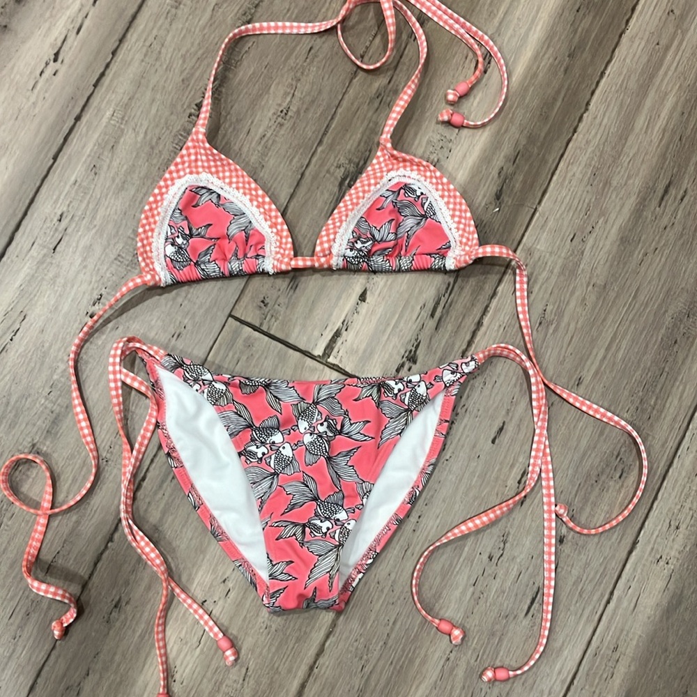 Letarte Maui Resort 90’s gingham print pink Embellished Beaded bikini Set S